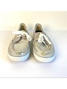 Sperry Silver Sequin Moccasin Boat Shoe